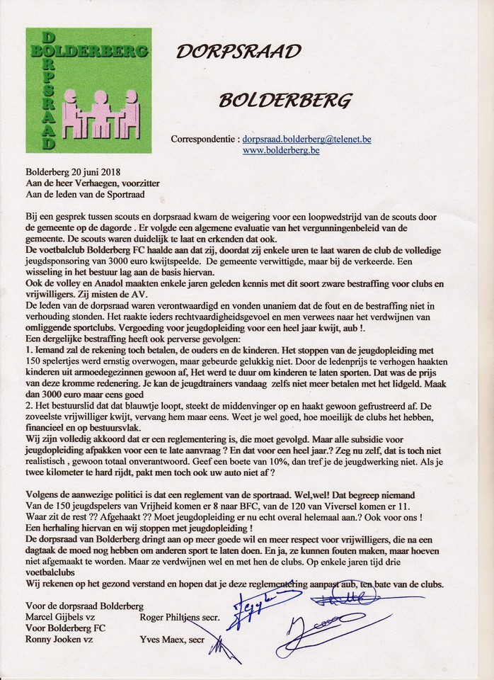 K Bolderberg FC en dorpsraad worden uitgenodigd voor sportraad na brief dorpsraad Bolderberg