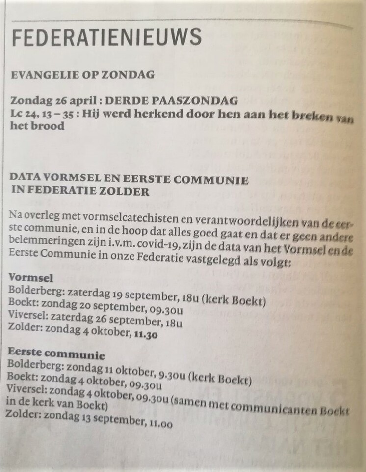 Bolderberg: nieuwe datums Vormsel en Eerste communie